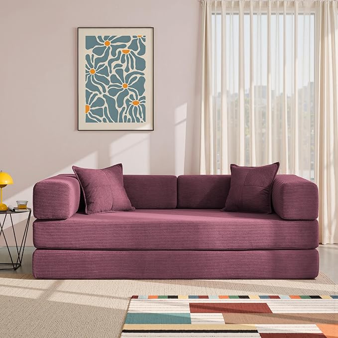 YINIX Foldable Sofa Bed, 78'' Folding Floor Couch, Compressed Convertable Sleeper Sofa, Memory Foam Couch with Pillow Back Support Armrest, 4-in-1 Futon Sofa Bed for Living Room, Wine Red