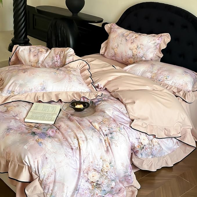 HighBuy Farmhouse Ruffle Duvet Cover Full Size,Pink Floral Lace Ruffle Design Durable Brushed Cotton Duvet Cover Set Coquette Soft Comforter Cover Ruffled,3 Pieces Cottagecore Bedding Set