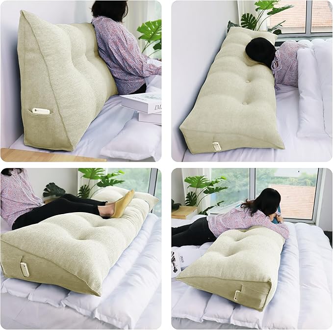 10 lbs Thickened Headboard Pillow Wedge Pillow Headboard Reading Pillow Bed for Comfortable Backrest Reading Triangular Pillow with Side Pocket Backrest Pillows for Sitting in Bed White Full