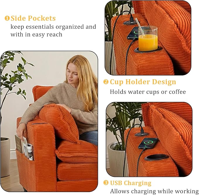 Gexpusm Modular Sectional Sofa,99" Couches for Living Room,Corduroy Sofa with Ottoman & Pillow,Cloud Sectional Couch with Cup Holders & USB,Side Pockets,3-Seat Corduroy Boneless Chair Indoor (Orange)
