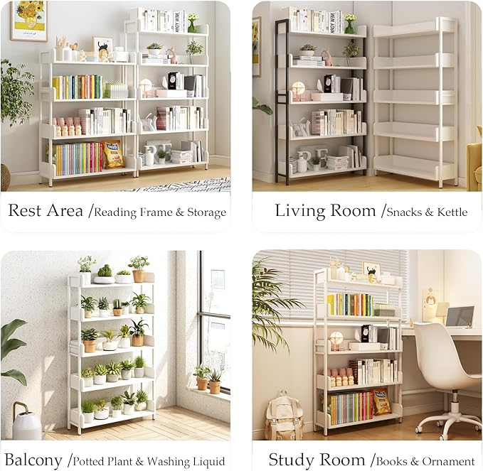 Wide Open Shelf Bookcase - Modern 5-Tier Floor Standing Display Bookshelf with Three-Side Baffles and Metal Frame for Home and Office, Storage Shelving, Warm White