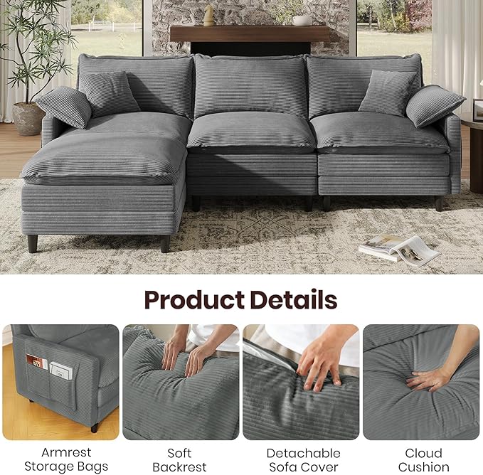 108" L Shaped Modular Sectional Cloud Couch with Ottoman, Snap-on Easy Installation 3 Seater Deep Seat Sofa with Storage Bag and Coffee Table for Living Room, Corduroy, Gray