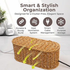 Cable Management Box, Handmade Rattan Cable Organizer, 2 Open Slots Cords Hider Box, Under Desk Cord Organizer for Computer Router USB Hub & Power Strip, Patent Pending, 15.9