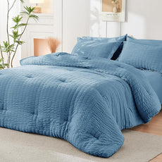 HYMOKEGE Mineral Blue Twin Comforter Set Seersucker 5 Pieces, All Season Luxury Bed in a Bag for Bedroom, Bedding Set with Comforter, Sheets, Pillowcase & Sham