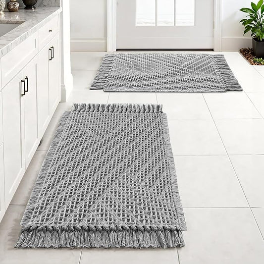 H.VERSAILTEX Waffle Bath Mat Super Absorbent Boho Bath Mat Non Slip Bath Rugs for Bathroom Floor Machine Washable Dry Fast Bathroom Rugs with Tassels (20 x 32 Plus 17 x 24 Inches, Dove)