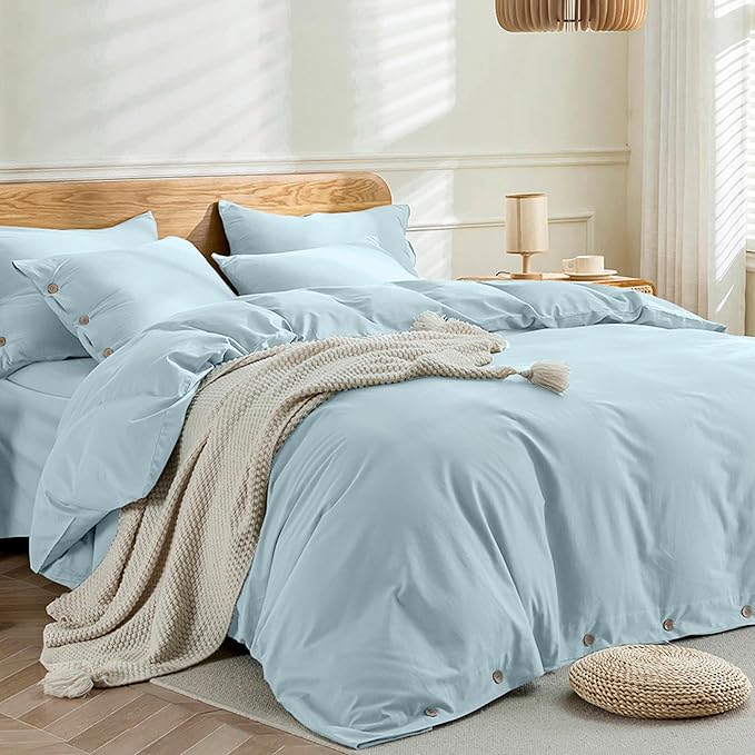 JELLYMONI Cotton Duvet Cover Queen Size - Light Blue Comforter Cover with Button 100% Washed Cotton 3PCS Breathable Soft Solid Bedding Set Duvet Cover 90×90in & 2 Pillowcases (NO Comforter)