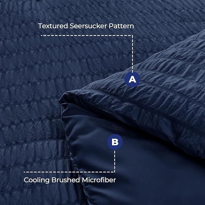 HYMOKEGE Navy Blue Twin Comforter Set Seersucker 5 Pieces, All Season Luxury Bed in a Bag for Bedroom, Bedding Set with Comforters, Sheets, Pillowcase & Sham