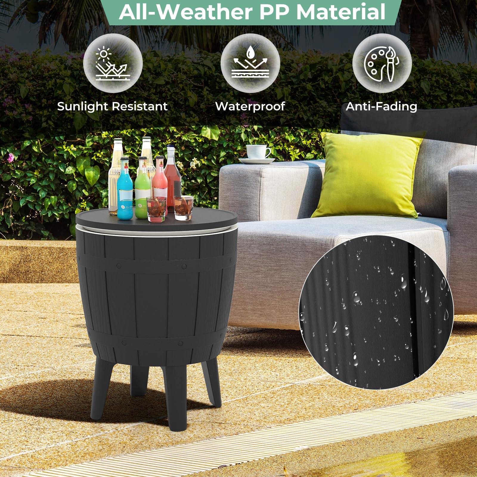Giantex Cooler Side Table Outdoor, 10 Gallon Ice Cooler with Drainage Plug, Adjustable Height, 3-in-1 Cocktail Patio Par Table for Beer Wine Storage, Deck Pool Backyard Party, Taupe (Wood-Style)