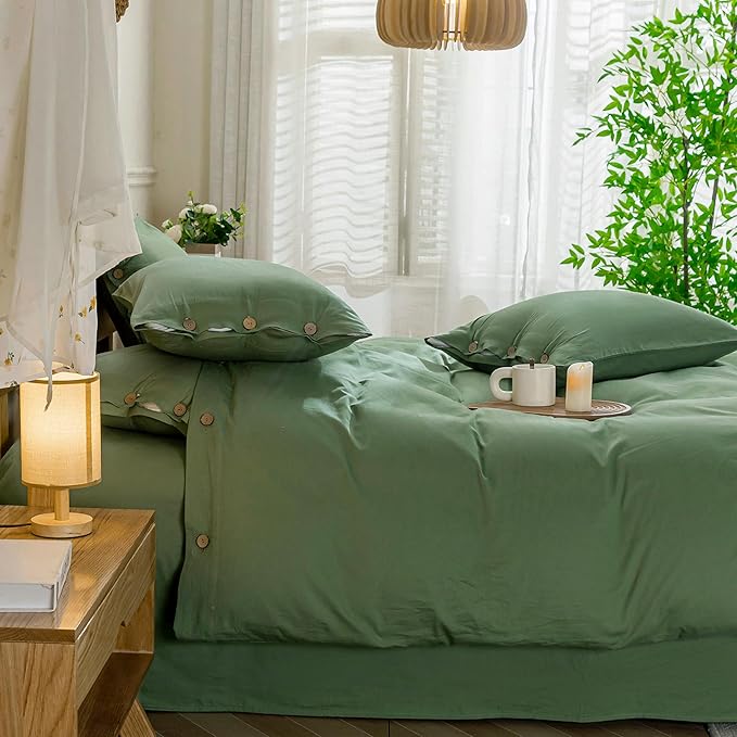 JELLYMONI Cotton Duvet Cover Oversized Queen Size - Green Comforter Cover with Button 100% Washed Cotton 3PCS Breathable Soft Solid Bedding Set Duvet Cover 98×98in & 2 Pillowcases (NO Comforter)