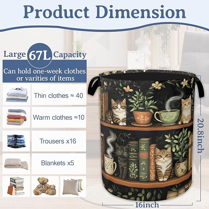 Cute Cat Laundry Basket,Foldable Oxford Cloth Bookshelf Laundry Hamper With Handle, 20.8"x16" Portable Clothes Storage Basket Bag for Laundry Room/Bathroom/Bedroom/Dormitories