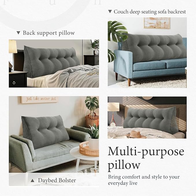 11 lbs Thickened Queen Wedge Pillow Headboard Body Positioner Triangular Reading Pillow Bed Bolster Pillow for Sitting in Bedwith Removable Cover Gift for Dad Backrest Cordury Gray