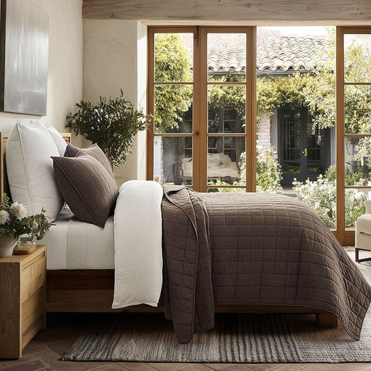 EVERGRACEHOME 100% Cotton Box Stitch Quilt Bedding Set Queen Size 3 Pieces, Garment-Washed Lightweight Soft Cozy Coverlet, Quilted Bedspread Sets with 2 Shams for All Season, Cocoa Brown
