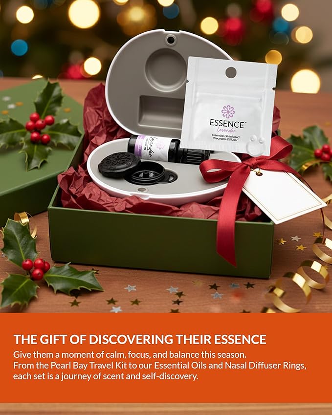 Essence Pearl Travel Case - Wearable Aromatherapy Kit with Nasal Diffuser Rings, Soaking Bay, and 5mL Essential Oil – Portable Wellness Gift Set for On-The-Go Self Care