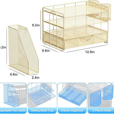 gianotter Desk Organizers and Accessories with File Holder, 4-Tier Desk Accessories & Workspace Organizers with Drawer and 2 Pen Holder, Paper Organizer for Office Supplies(Gold)