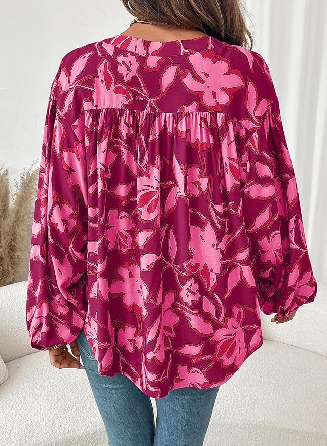 Astylish Womens 2026 Boho Floral Loose Spring Summer Tops Lantern Sleeve Flowy Blouses V Neck Button Down Shirts