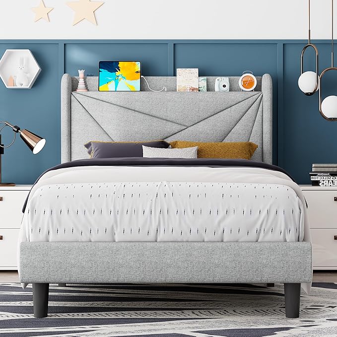 Feonase Twin Size Bed Frame with Charging Station, Upholstered Linen Bedframe with Wingback Headboard, Solid Wood Slats Support, No Box Spring Needed, Noise Free, Beige