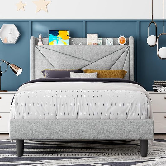 Feonase Twin Size Bed Frame with Charging Station, Upholstered Linen Bedframe with Wingback Headboard, Solid Wood Slats Support, No Box Spring Needed, Noise Free, Beige