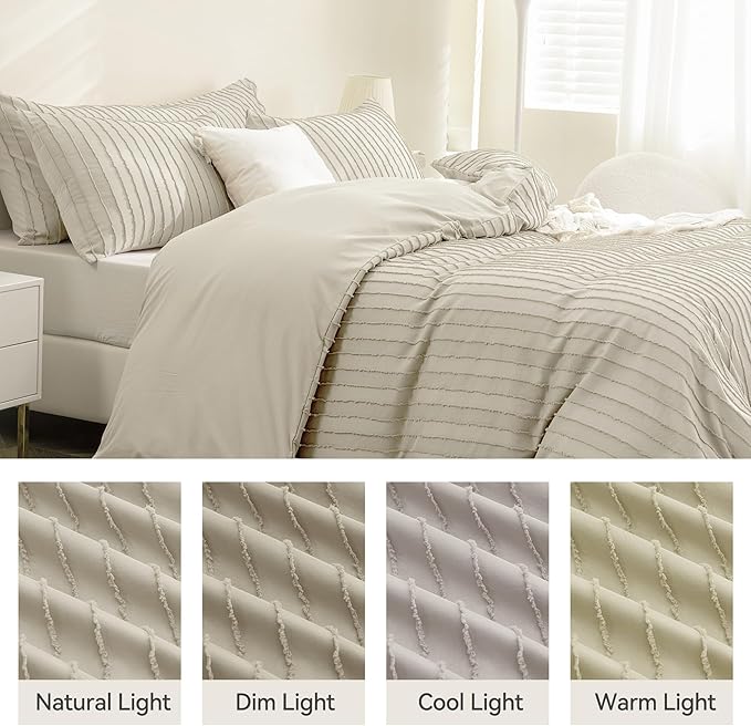 JELLYMONI Duvet Cover King Size Light Khaki - 3PCS Boho Striped Duvet Cover Set Polyester Tufted Bohemian Textured Comforter Cover with Corner Ties & Zipper Closure
