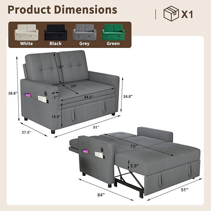 3 in 1 Convertible Sleeper Sofa Bed, Pull Out Couch with Charging Station, Corduroy Small Loveseat Sleeper Sofa with Adjustable Backrest for Apartment, Bedroom, Small Space（Dark Grey）