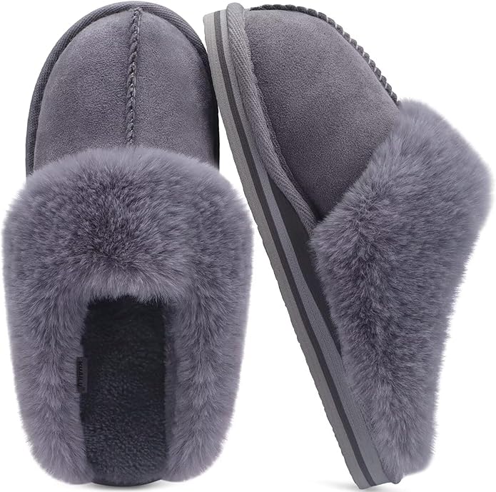 KuaiLu Womens Fluff Dual Memory Foam Slippers Ladies Cozy Arch Support Warm Scuff Slippers Slip on Comfy Winter House Shoes with Non-Slip Indoor Outdoor Hard Sole