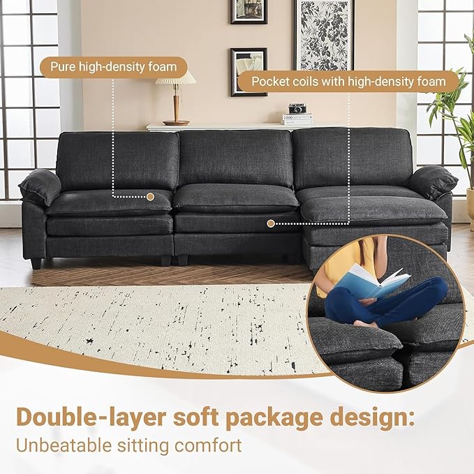 VINGLI 121" Cloud Linen Couch, Comfy Modular Sectional Sofa Set for Living Room,Modern 3-Seat Convertible Loveseat Sofa with 1 Ottoman for Small Space, Black