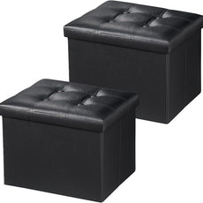 2PC Storage Ottoman, Folding Foot Stool with Thicker Foam Padded Seat Small Leather Storage Ottoman Bench Foot Rest for Living Room Foldable Coffee Table 17x13x13in,Black