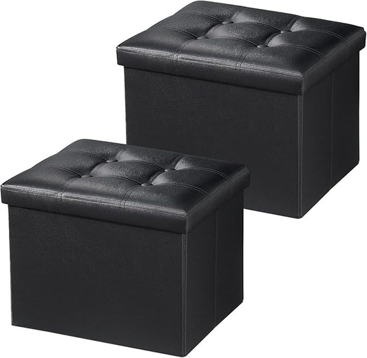 2PC Storage Ottoman, Folding Foot Stool with Thicker Foam Padded Seat Small Leather Storage Ottoman Bench Foot Rest for Living Room Foldable Coffee Table 17x13x13in,Black