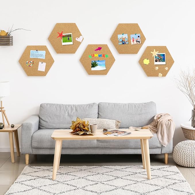 TUPARKA 8 Pack Cork Board Hexagon Bulletin Boards Cork Tiles 8.2"x7" - 1/4" Self-Adhesive Corkboards with 50 Push Pins Mini Wall for Wall Home School Office Decorative (8, 8.2"x7")