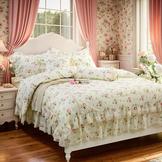 FADFAY Rosette Floral Print Duvet Cover Set Princess Lace Ruffle Bedding Set for Girls 3 Pieces California King Size