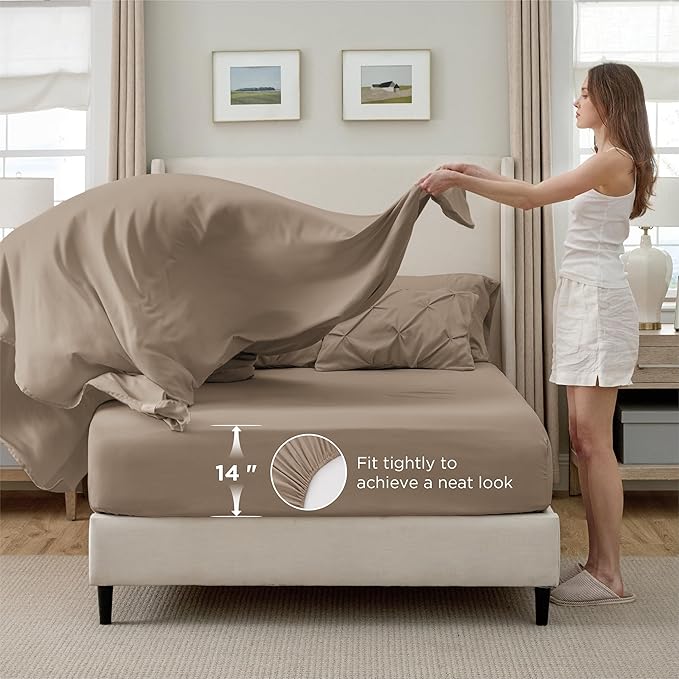 Bedsure Queen Comforter Set Khaki - Bed in a Bag Queen Size Bedding 7 Pieces, GentleSoft™ Pintuck Bed Set Gift for Family, Pinch Pleat All Season Comforter with Sheets, Pillowcases & Shams