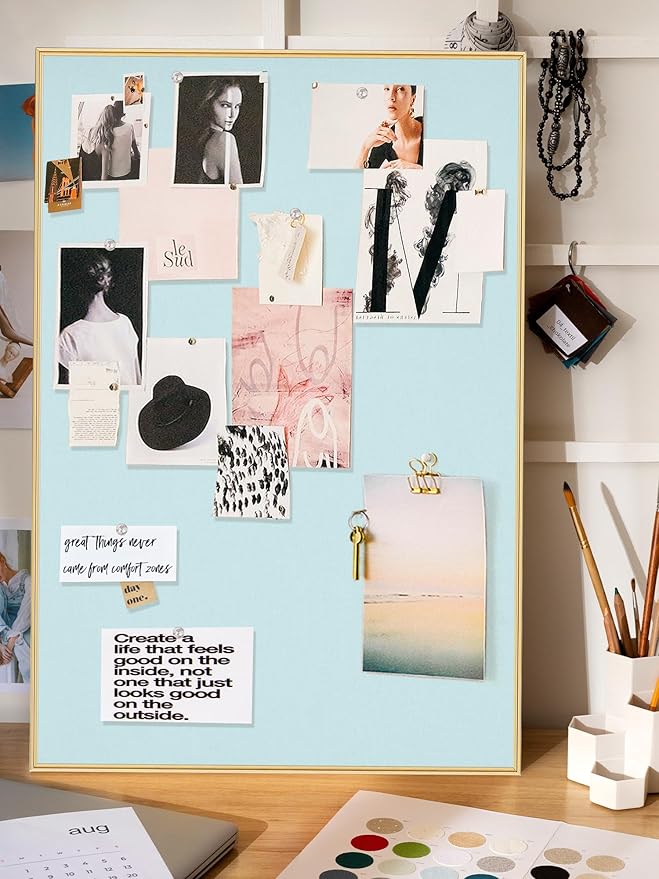 Bulletin Board 30 x 20 inches, Light Blue Pin Board, Golden Aluminum Framed Fabric Cork Board with 10 Push Pins