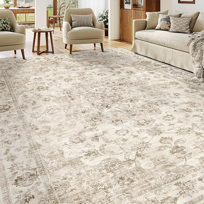 10x14 Neutral Area Rug Beige Vintage Living Room Bedroom Washable Carpet Non-Slip Soft Low Pile Floral Indoor Large Throw Rug for Dining Room Office