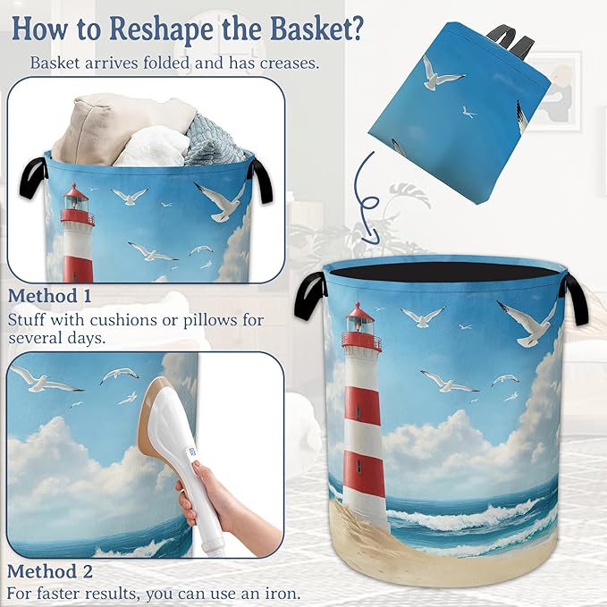 Lighthouse On The Beach Laundry Basket,Foldable Oxford Cloth Laundry Hamper With Handle, 20.8"x16" Portable Clothes Storage Basket Bag for Laundry Room/Bathroom/Bedroom/Dormitories