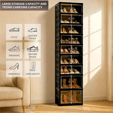 Foldable Shoe Organizer Storage Box Set of 2, Portable Extra Large Folding Shoe Rack for Closet, Shoe Storage Box with Magnetic Transparent Door and Wheels, 9 Layers 18 Grids with 4 Big Grids