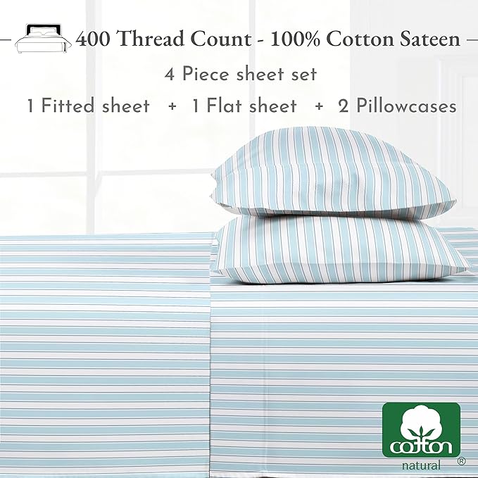 California Design Den Striped King Size Sheets Set - 400 Thread Count, Soft Sateen, Natural 100% Cotton Sheets, Deep Pockets, and Durable Bedding Set - Cape Stripe CaliforniaDesignDen
