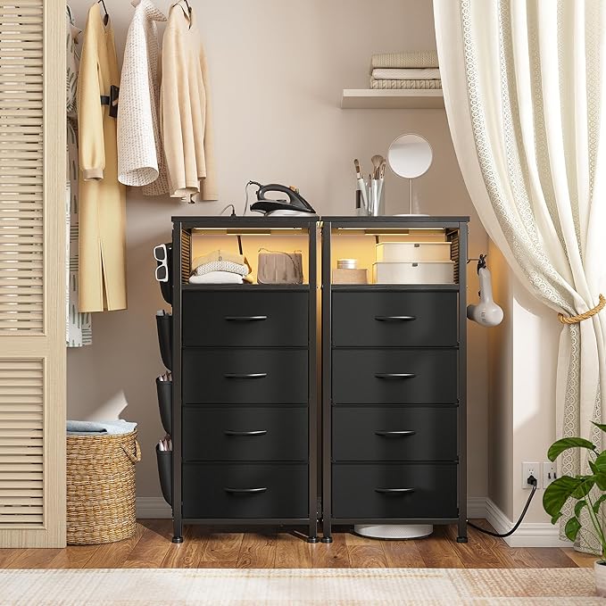 EnHomee Black Nightstand Set of 2,Night Stand with Charging Station & LED, Bedside Table with Fabric Drawers and Storage Shelf, Sturdy Steel Frame, Wood Top, Cloth Bags, Hooks, Black