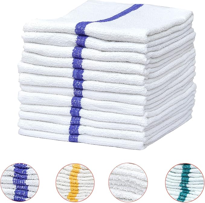 Pacific Linens 100% Cotton Kitchen Towels, Absorbent Rags for Cleaning Counter Top, Hand Drying Dishes - Thick, Soft, Durable, Reusable, Machine Washable Quick Dry Barmops 16” x 19” (Blue, 12)