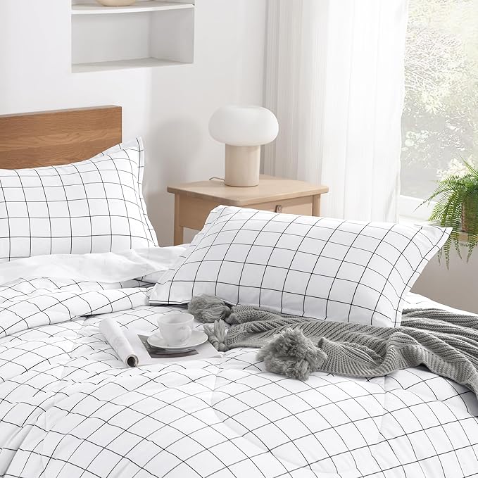 Andency Twin XL Comforter Set(68x92Inch), White Gingham Plaid Grid Checkered Bed Comforter Set for Dorm Boys Girls Kids Teens, 2 Pieces Lightweight Microfiber Geometric Bedding Set