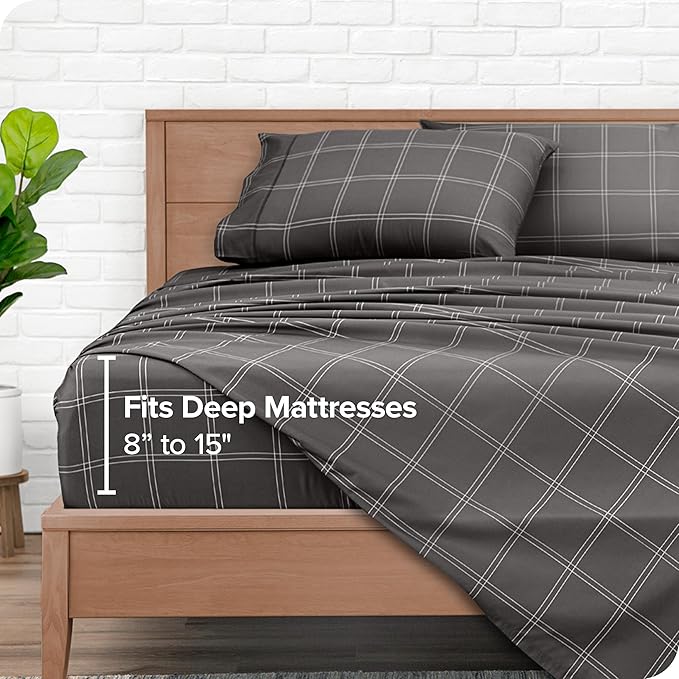 Bare Home Bedding Set 4 Piece Comforter & Sheet Set - Twin XL - Track Stitch - Goose Down Alternative - Ultra-Soft 1800 Premium Bed Set (Twin XL, Modern Plaid - Grey/White)