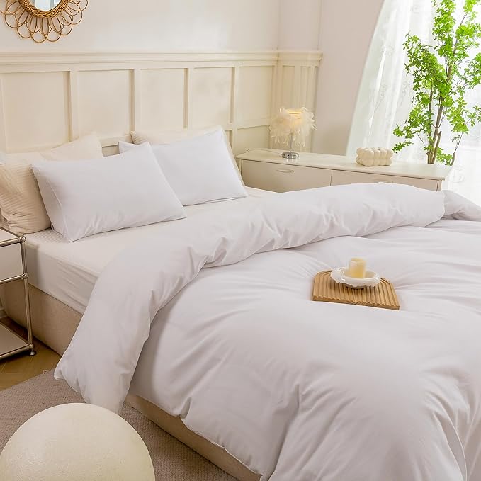 ECOCOTT White Duvet Cover King Size - 100% Washed Cotton Durable Soft Comfy Duvet Cover Set, Lightweight and Breathable with Zipper Closure & Corner Ties (White, 104''x90'')