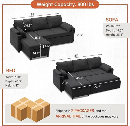 DURASPACE Sofa Bed, Sleeper Sofa Couch with Pullout Bed for Living Room, L Shaped Couch with Storage Chaise, USB, Cup Holder (Dark Gray)
