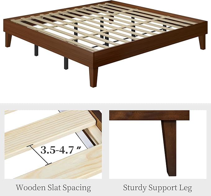 Yaheetech King Bed Frame Natural Solid Wood Platform Bed with Wooden Slats Support, 12-inch Underbed Space for Storage, Noise-Free Design, Easy Assembly, Dark Walnut Finish