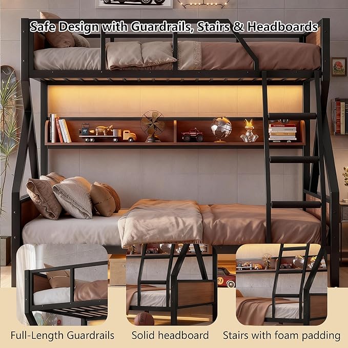 Twin over Full Bunk Bed with Storage Shelves, Metal Bunk Beds with Ladders and Lights, Heavy-duty Bunkbed for Bedrooms, Guest Rooms and Dorms, No Box Spring Needed and Noise-free Design, Black