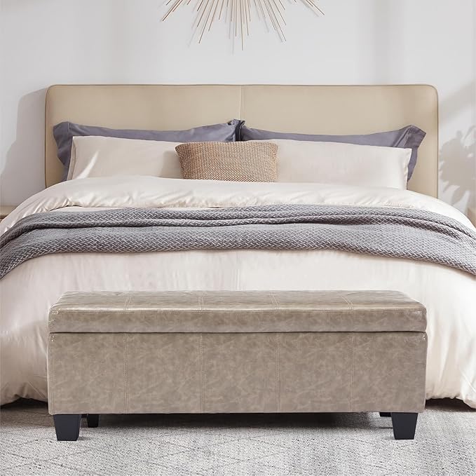 Faux Leather Storage Ottoman Bench with Hinged Lid,42 Inch Large Rectangular Footrest Stool for Bedroom End of Bed, Entryway and Living Room, Padded Seat Shoe Bench, Grey