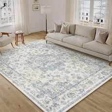 6x9 Washable Neutral Area Rug Blue Vintage Living Room Bedroom Carpet Non-Slip Soft Low Pile Floral Indoor Throw Rug for Dining Room Entryway Office