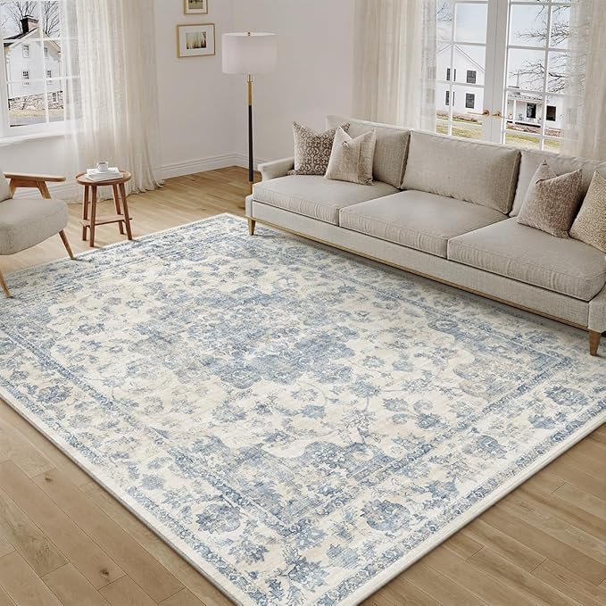 6x9 Washable Neutral Area Rug Blue Vintage Living Room Bedroom Carpet Non-Slip Soft Low Pile Floral Indoor Throw Rug for Dining Room Entryway Office