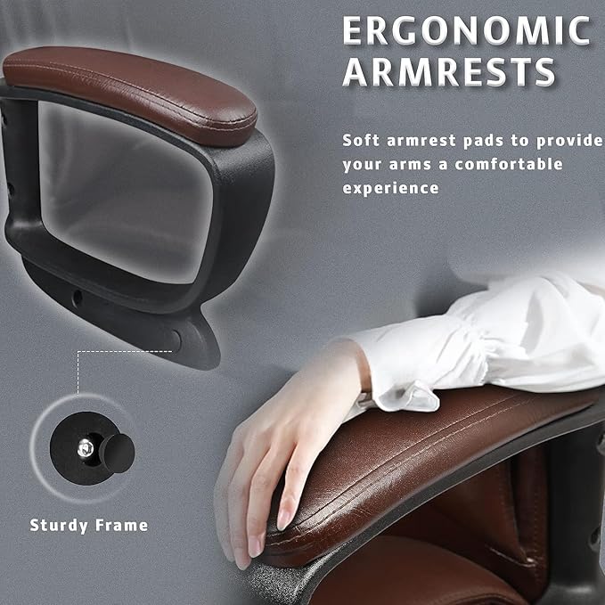 LEMBERI Office Desk Chair, High Back Executive Computer Chair, Ergonomic Big and Tall Adjustable PU Leather Chairs with Padded Armrest for Long Time Sitting (Brown)