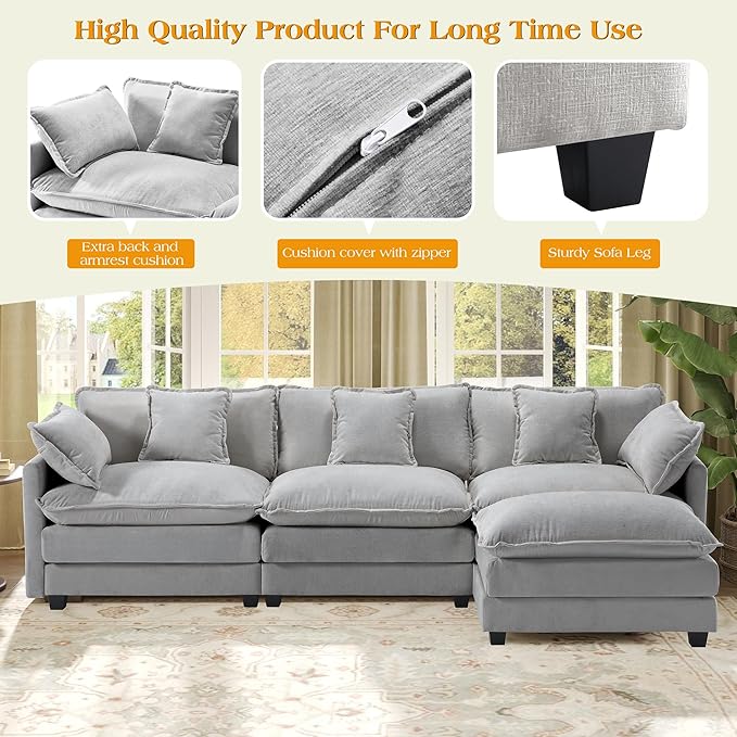 113.4" Modular Sectional Sofa,L Shaped Couch for Living Room,Modern Deep Seat Sofa 3 Seater Chenille Fabric Comfy Cloud Couches with Throw Pillows & Movable Ottoman