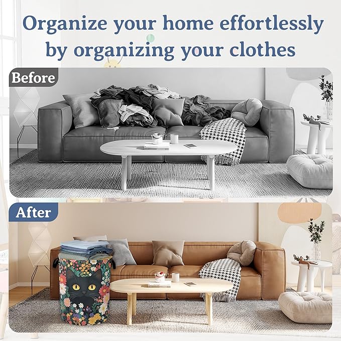 Cute Funny Black Cat Laundry Basket,Oxford Cloth Flower Laundry Hamper With Handle Foldable Portable Clothes Storage Basket for Laundry Room/Bedroom/Bathroom 20.8"x16"