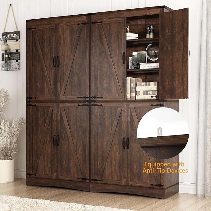 71" Tall Kitchen Pantry,Farmhouse Storage Cabinet with Adjustable Shelves,Load-Bearing Steel Pipe,Farmhouse Pantry Cabinet with 4 Barn Doors, for Kitchen,Dining Room,Living Room(Brown)